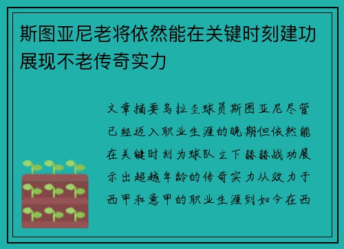 斯图亚尼老将依然能在关键时刻建功展现不老传奇实力